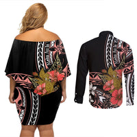 Hawaii Valentine Couples Matching Off Shoulder Short Dress and Long Sleeve Button Shirt Plumeria Aloha Wau Ia Oe LT7 - Polynesian Pride
