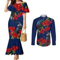 New Zealand Couples Matching Mermaid Dress and Long Sleeve Button Shirt Tui Couple with Pohutukawa LT7 Blue - Polynesian Pride