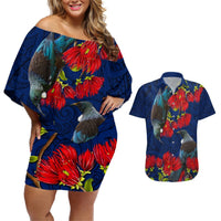 New Zealand Couples Matching Off Shoulder Short Dress and Hawaiian Shirt Tui Couple with Pohutukawa LT7 Blue - Polynesian Pride