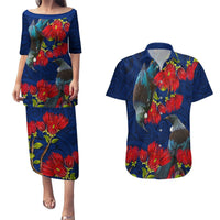 New Zealand Couples Matching Puletasi and Hawaiian Shirt Tui Couple with Pohutukawa LT7 Blue - Polynesian Pride