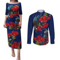 New Zealand Couples Matching Puletasi and Long Sleeve Button Shirt Tui Couple with Pohutukawa LT7 Blue - Polynesian Pride