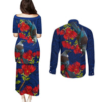New Zealand Couples Matching Puletasi and Long Sleeve Button Shirt Tui Couple with Pohutukawa LT7 - Polynesian Pride