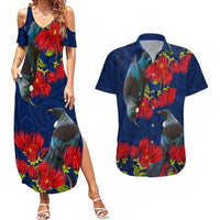 New Zealand Couples Matching Summer Maxi Dress and Hawaiian Shirt Tui Couple with Pohutukawa LT7 Blue - Polynesian Pride