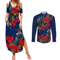 New Zealand Couples Matching Summer Maxi Dress and Long Sleeve Button Shirt Tui Couple with Pohutukawa LT7 Blue - Polynesian Pride