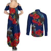 New Zealand Couples Matching Summer Maxi Dress and Long Sleeve Button Shirt Tui Couple with Pohutukawa LT7 - Polynesian Pride