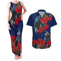New Zealand Couples Matching Tank Maxi Dress and Hawaiian Shirt Tui Couple with Pohutukawa LT7 Blue - Polynesian Pride