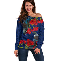 New Zealand Off Shoulder Sweater Tui Couple with Pohutukawa LT7 Women Blue - Polynesian Pride