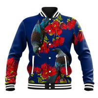 New Zealand Pohutukawa with Tui Birds Baseball Jacket Version 2 LT7 Unisex Blue - Polynesian Pride