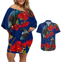 New Zealand Pohutukawa with Tui Birds Couples Matching Off Shoulder Short Dress and Hawaiian Shirt Version 2 LT7 Blue - Polynesian Pride