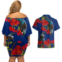 New Zealand Pohutukawa with Tui Birds Couples Matching Off Shoulder Short Dress and Hawaiian Shirt Version 2 LT7 - Polynesian Pride