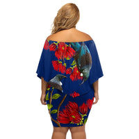 New Zealand Pohutukawa with Tui Birds Family Matching Off Shoulder Short Dress and Hawaiian Shirt Version 2 LT7 - Polynesian Pride