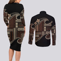 Samoa Siapo Mamanu Couples Matching Long Sleeve Bodycon Dress and Long Sleeve Button Shirt Waves Motifs