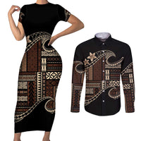 Samoa Siapo Mamanu Couples Matching Short Sleeve Bodycon Dress and Long Sleeve Button Shirt Waves Motifs