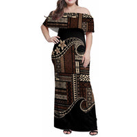 Samoa Siapo Mamanu Family Matching Off Shoulder Maxi Dress and Hawaiian Shirt Waves Motifs