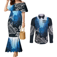World Ocean Day Pasifika Couples Matching Mermaid Dress and Long Sleeve Button Shirt Awaken New Depths LT7 Blue - Polynesian Pride