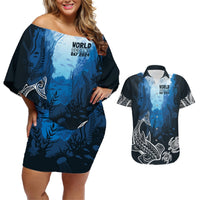 World Ocean Day Pasifika Couples Matching Off Shoulder Short Dress and Hawaiian Shirt Awaken New Depths LT7 Blue - Polynesian Pride
