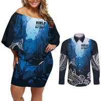World Ocean Day Pasifika Couples Matching Off Shoulder Short Dress and Long Sleeve Button Shirt Awaken New Depths LT7 Blue - Polynesian Pride