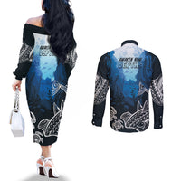 World Ocean Day Pasifika Couples Matching Off The Shoulder Long Sleeve Dress and Long Sleeve Button Shirt Awaken New Depths LT7 - Polynesian Pride