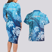 Hawaii World Ocean Day Couples Matching Long Sleeve Bodycon Dress and Hawaiian Shirt Kakau Turtles LT7 - Polynesian Pride