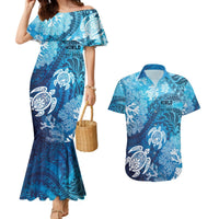 Hawaii World Ocean Day Couples Matching Mermaid Dress and Hawaiian Shirt Kakau Turtles LT7 Blue - Polynesian Pride