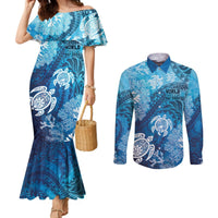 Hawaii World Ocean Day Couples Matching Mermaid Dress and Long Sleeve Button Shirt Kakau Turtles LT7 Blue - Polynesian Pride