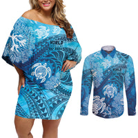 Hawaii World Ocean Day Couples Matching Off Shoulder Short Dress and Long Sleeve Button Shirt Kakau Turtles