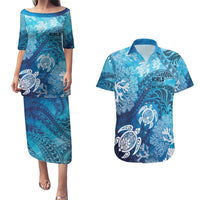 Hawaii World Ocean Day Couples Matching Puletasi and Hawaiian Shirt Kakau Turtles LT7 Blue - Polynesian Pride