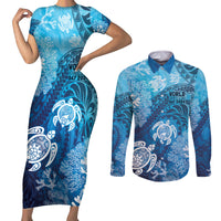 Hawaii World Ocean Day Couples Matching Short Sleeve Bodycon Dress and Long Sleeve Button Shirt Kakau Turtles