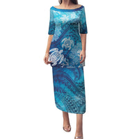 Hawaii World Ocean Day Puletasi Kakau Turtles LT7 Long Dress Blue - Polynesian Pride
