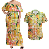 Aloha Hawaii Palaka Print Mango Plumeria Couples Matching Off Shoulder Maxi Dress and Hawaiian Shirt Tropical Vibes
