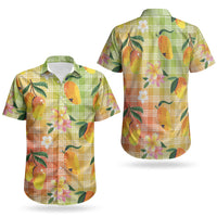 Aloha Hawaii Palaka Print Mango Plumeria Couples Matching Off The Shoulder Long Sleeve Dress and Hawaiian Shirt Tropical Vibes