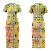 Aloha Hawaii Palaka Print Mango Plumeria Family Matching Short Sleeve Bodycon Dress and Hawaiian Shirt Tropical Vibes