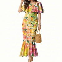 Aloha Hawaii Palaka Print Mango Plumeria Mermaid Dress Tropical Vibes