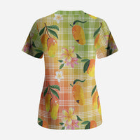 Aloha Hawaii Palaka Print Mango Plumeria Scrub Top Tropical Vibes