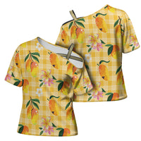 Aloha Hawaii Palaka Print Mango Plumeria Cross Shoulder Shirt Fresh Lemon