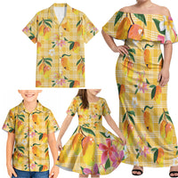 Aloha Hawaii Palaka Print Mango Plumeria Family Matching Off Shoulder Maxi Dress and Hawaiian Shirt Fresh Lemon