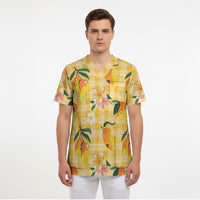 Aloha Hawaii Palaka Print Mango Plumeria Scrub Top Fresh Lemon