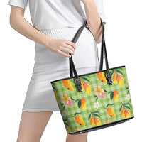 Aloha Hawaii Palaka Print Mango Plumeria Leather Tote Bag Cool Mint