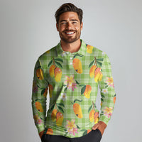 Aloha Hawaii Palaka Print Mango Plumeria Long Sleeve Polo Shirt Cool Mint