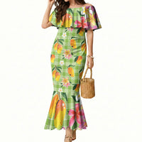 Aloha Hawaii Palaka Print Mango Plumeria Mermaid Dress Cool Mint