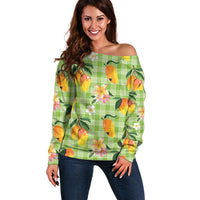 Aloha Hawaii Palaka Print Mango Plumeria Off Shoulder Sweater Cool Mint