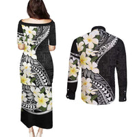 Aloha Hawaii Festive Couples Matching Puletasi and Long Sleeve Button Shirt Frangipani Lace Classic