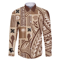 Samoa Tapa Family Matching Puletasi Dress and Hawaiian Shirt Siapo Mix Tatau Patterns LT7 Dad's Shirt - Long Sleeve Beige - Polynesian Pride