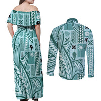 Samoa Tapa Couples Matching Off Shoulder Maxi Dress and Long Sleeve Button Shirt Siapo Mix Tatau Patterns - Teal LT7 - Polynesian Pride