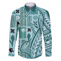 Samoa Tapa Family Matching Off Shoulder Maxi Dress and Hawaiian Shirt Siapo Mix Tatau Patterns - Teal LT7 Dad's Shirt - Long Sleeve Teal - Polynesian Pride