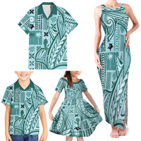 Samoa Tapa Family Matching Tank Maxi Dress and Hawaiian Shirt Siapo Mix Tatau Patterns - Teal LT7 - Polynesian Pride