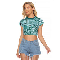 Samoa Tapa Raglan Cropped T Shirt Siapo Mix Tatau Patterns - Teal LT7 Female Teal - Polynesian Pride