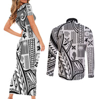 Samoa Tapa Couples Matching Short Sleeve Bodycon Dress and Long Sleeve Button Shirt Siapo Mix Tatau Patterns - White LT7 - Polynesian Pride