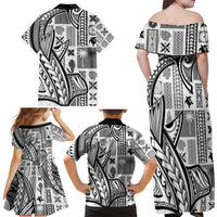 Samoa Tapa Family Matching Off Shoulder Maxi Dress and Hawaiian Shirt Siapo Mix Tatau Patterns - White LT7 - Polynesian Pride