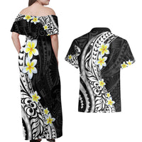 Hawaii Aloha Couples Matching Off Shoulder Maxi Dress and Hawaiian Shirt Plumeria Vintage - Black LT7 - Polynesian Pride